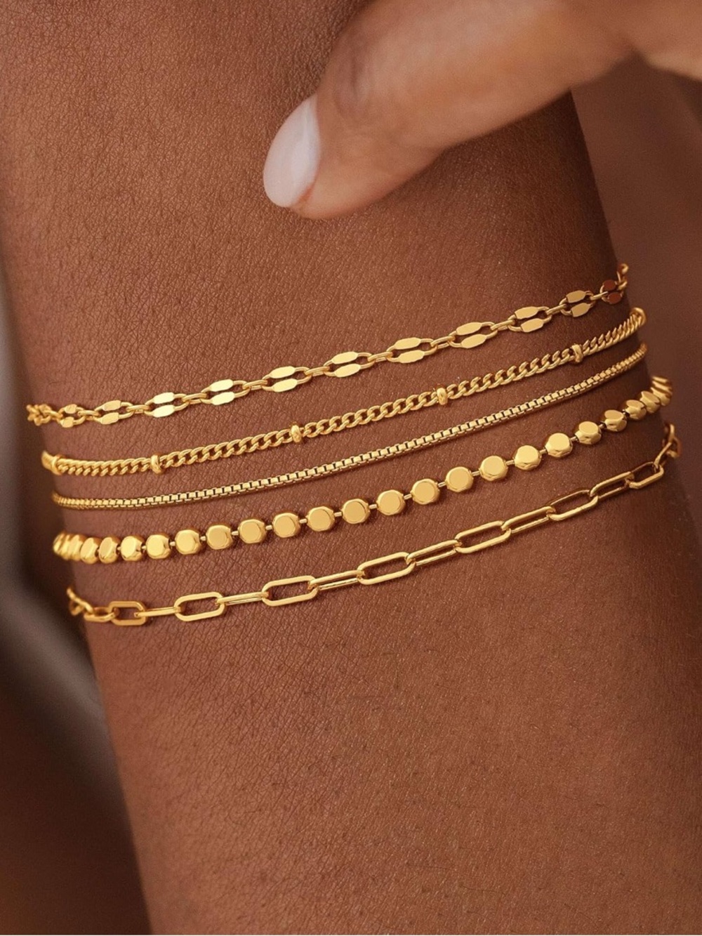 14K Gold Plated Layered Chain Bracelet Set 5Pcs